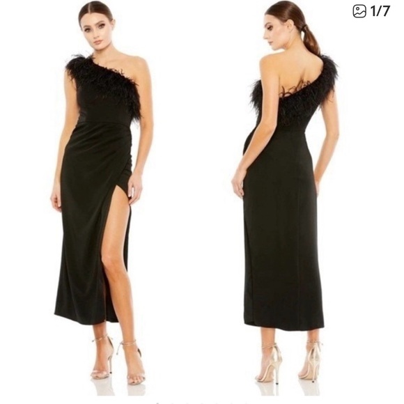 Mac Duggal Dresses & Skirts - Elegant One-Shoulder Black Feather-Trim Midi Dress